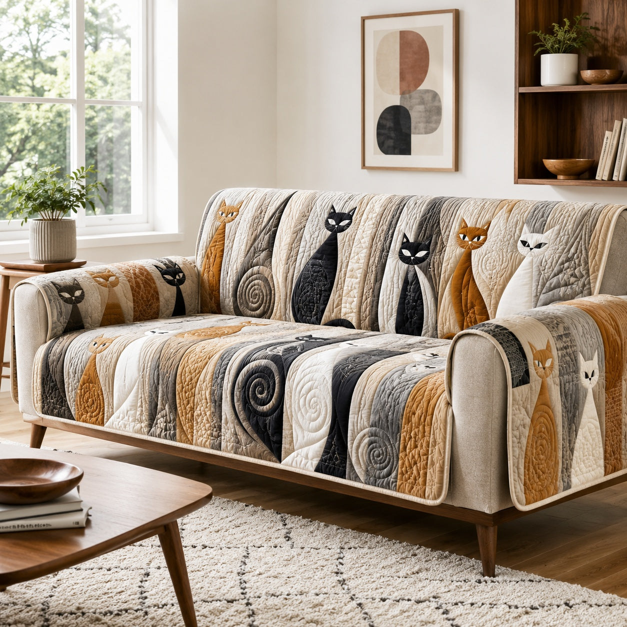 Earthy Feline Waves Quilted Sofa Cover Holiday Home Decor Cat Lovers Gifts