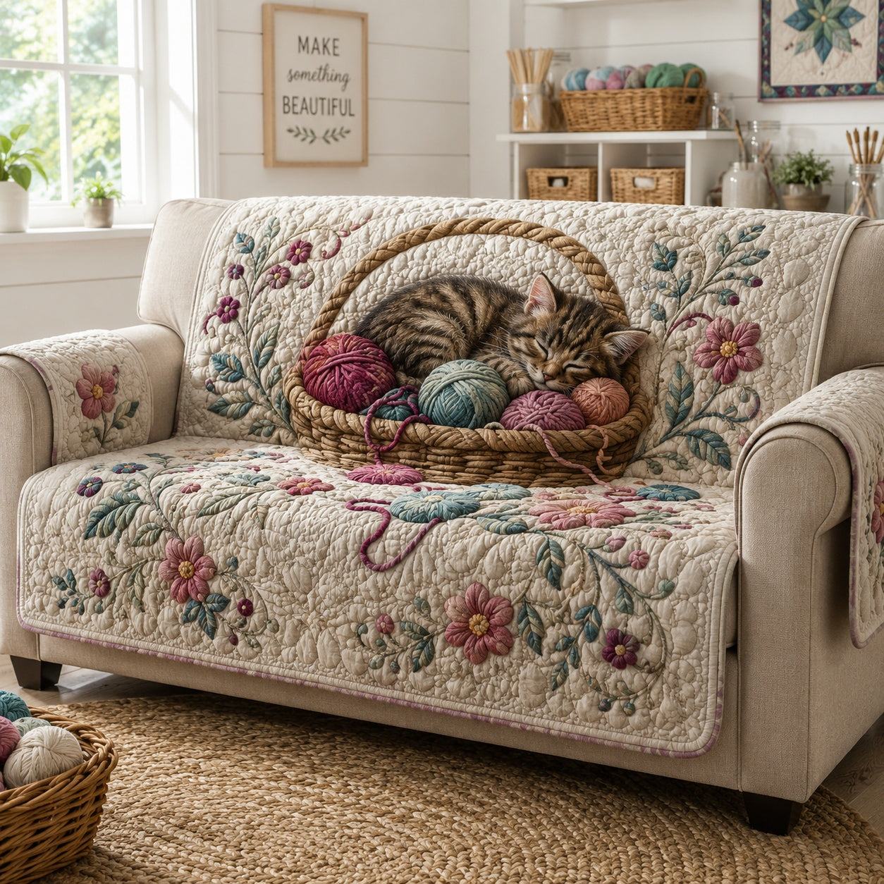 Woven Tangle Whiskers Quilted Sofa Cover Christmas Sofa Cover Cat Lovers Gifts