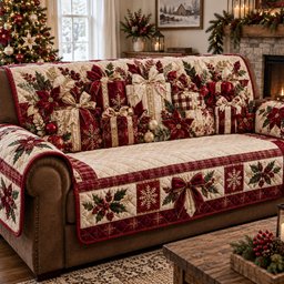 Golden Noel Gift Parade Quilted Sofa Cover Holiday Sofa Cover Gift For Christmas