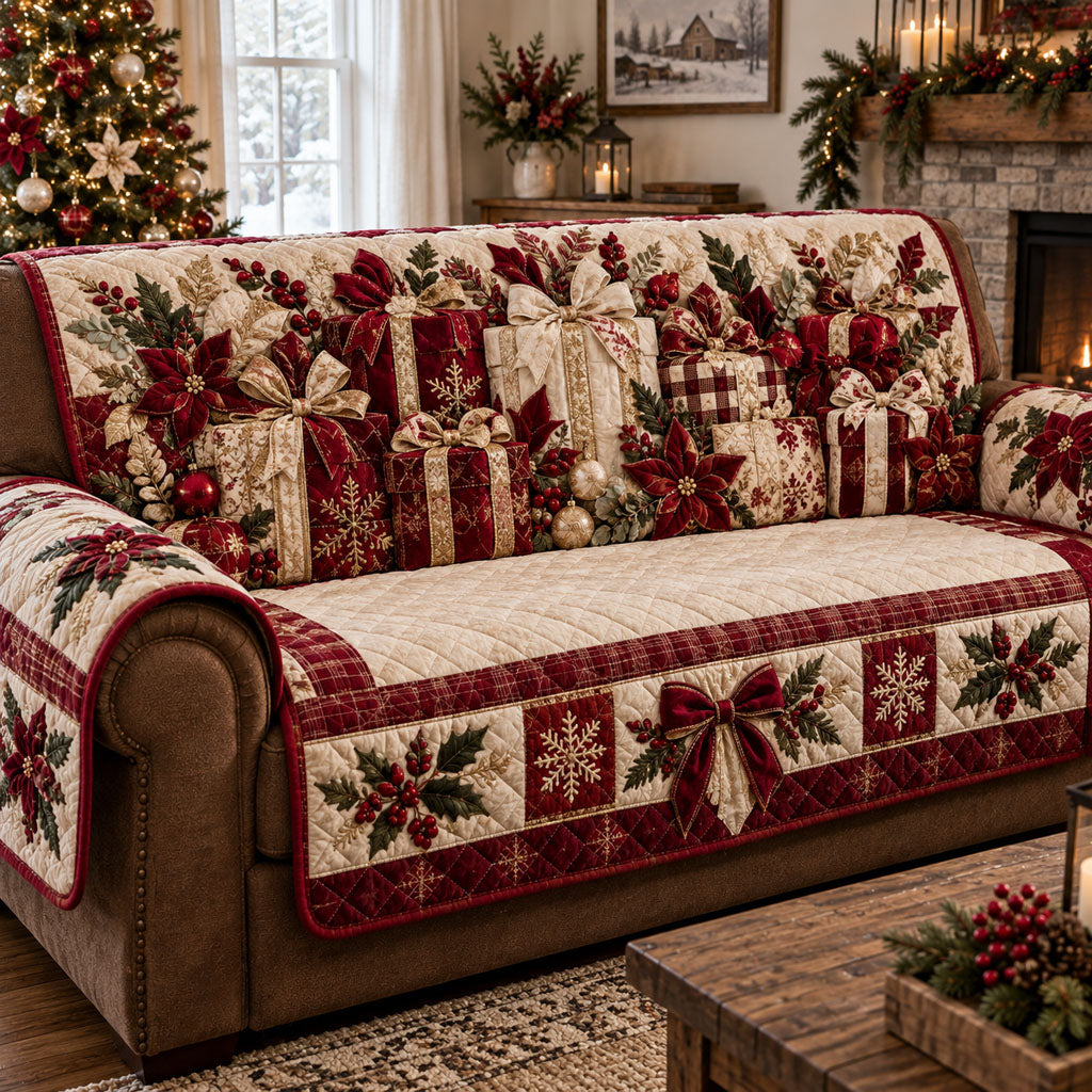 Golden Noel Gift Parade Quilted Sofa Cover Holiday Sofa Cover Gift For Christmas