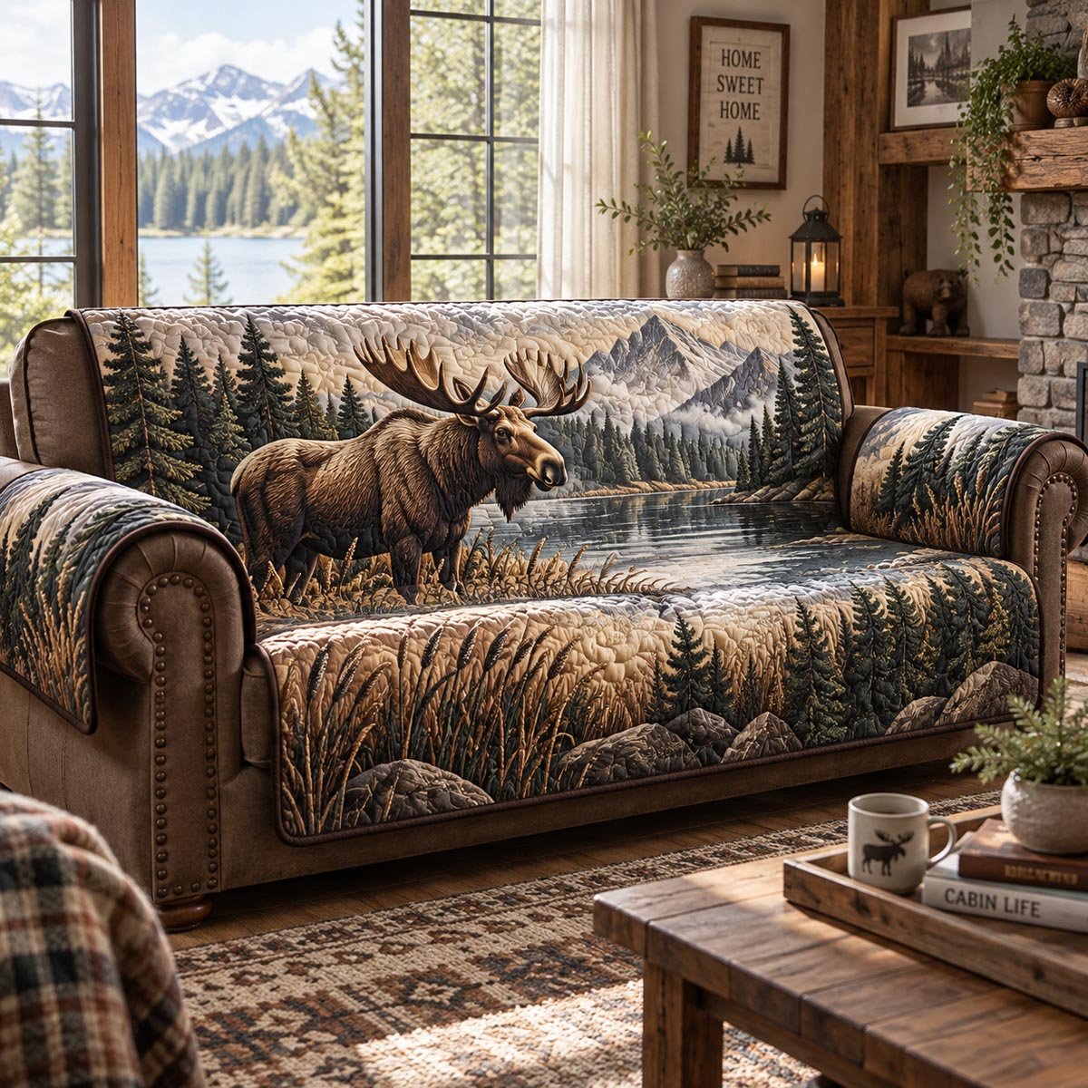 Moose Mountain Creek Quilted Sofa Cover Winter Quilted Sofa Cover Holiday Gifts