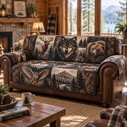 Wildlife Lodge Quilted Sofa Cover Christmas Couch Cover Xmas Gift For Homeowners