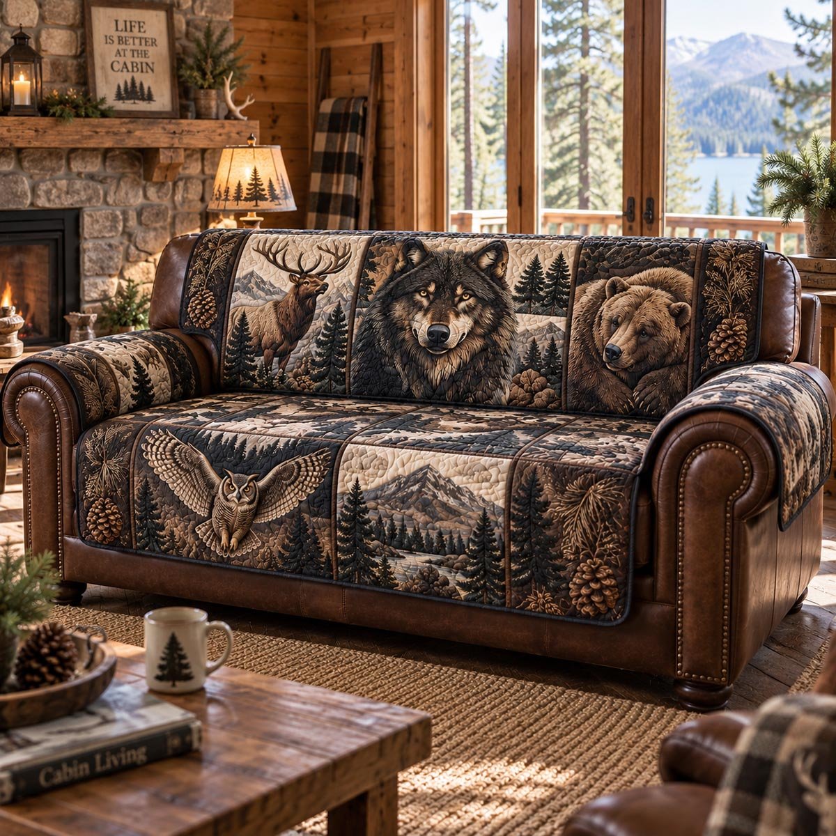 Wildlife Lodge Quilted Sofa Cover Christmas Couch Cover Xmas Gift For Homeowners