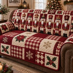 Christmas Plaid Treasures Quilted Sofa Cover Holiday Quilted Couch Cover Home Decor