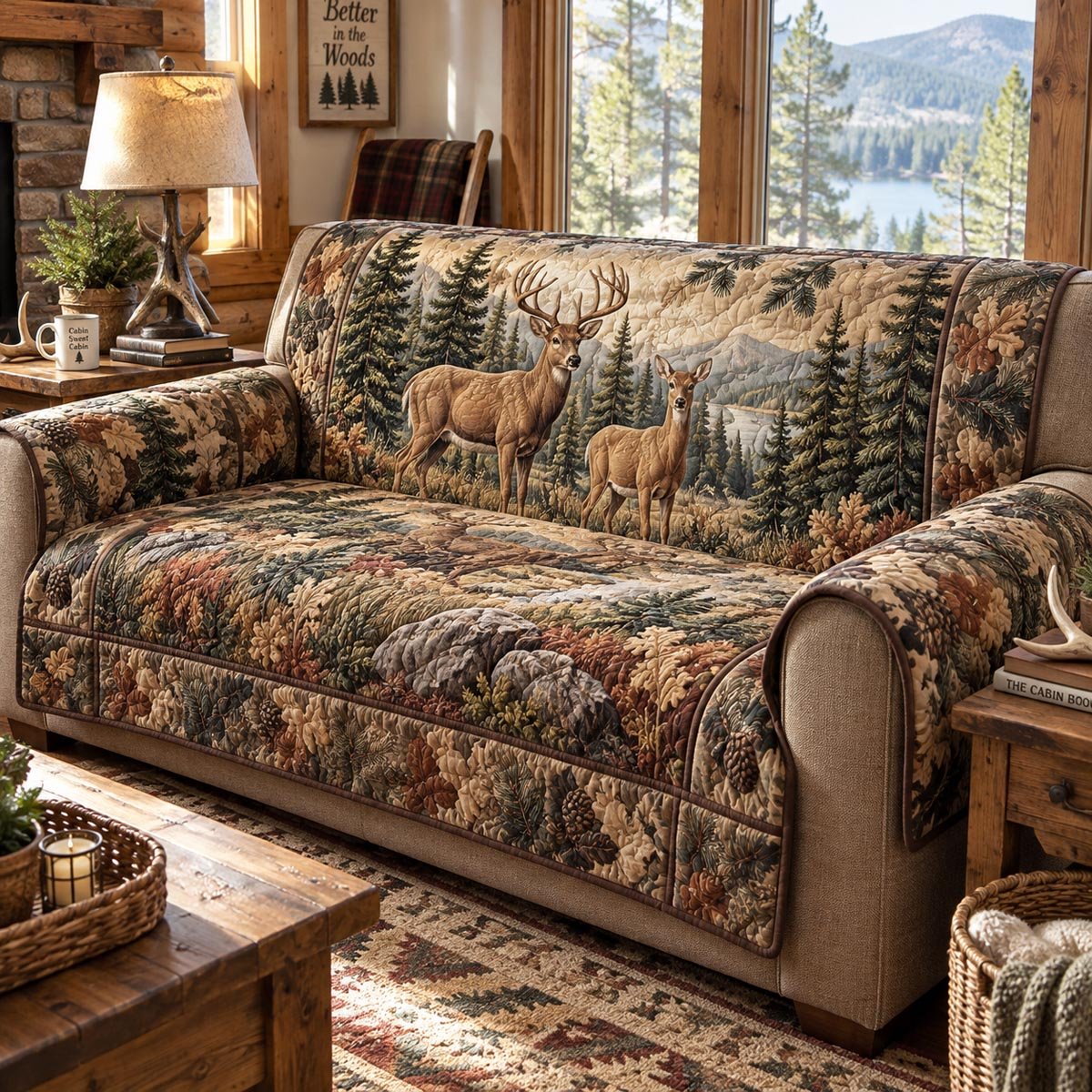 Forest Deer Gathering Quilted Sofa Cover Quilted Couch Protector Gift For Grandpa