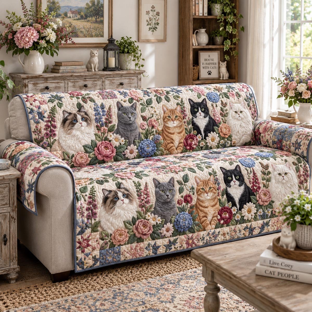 Blooming Whiskers Quilted Sofa Cover Quilted Sofa Protector Best Christmas Gift Ideas_