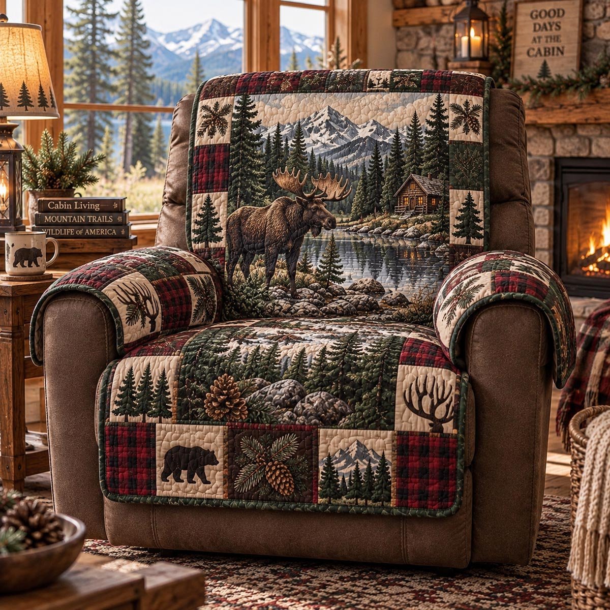 Mountain Moose Retreat Quilted Sofa Cover Holiday Quilted Sofa Cover For Homeowners