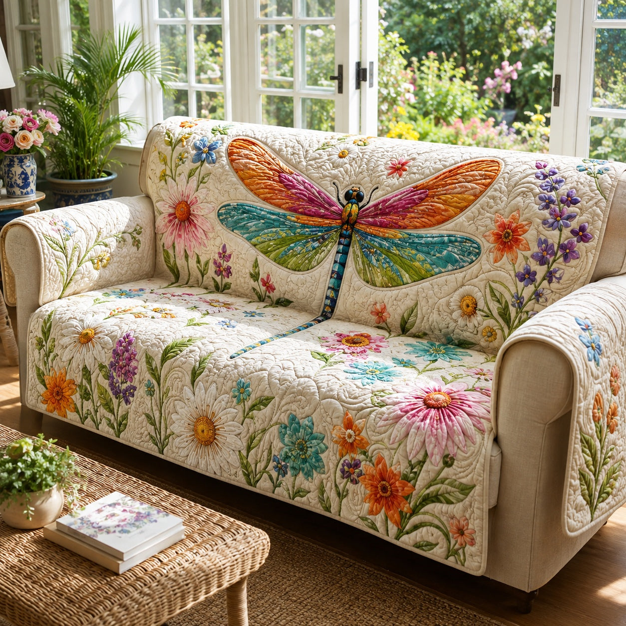 Vivid Blossom Glider Quilted Sofa Cover Xmas Quilted Sofa Cover For Cozy Living Rooms