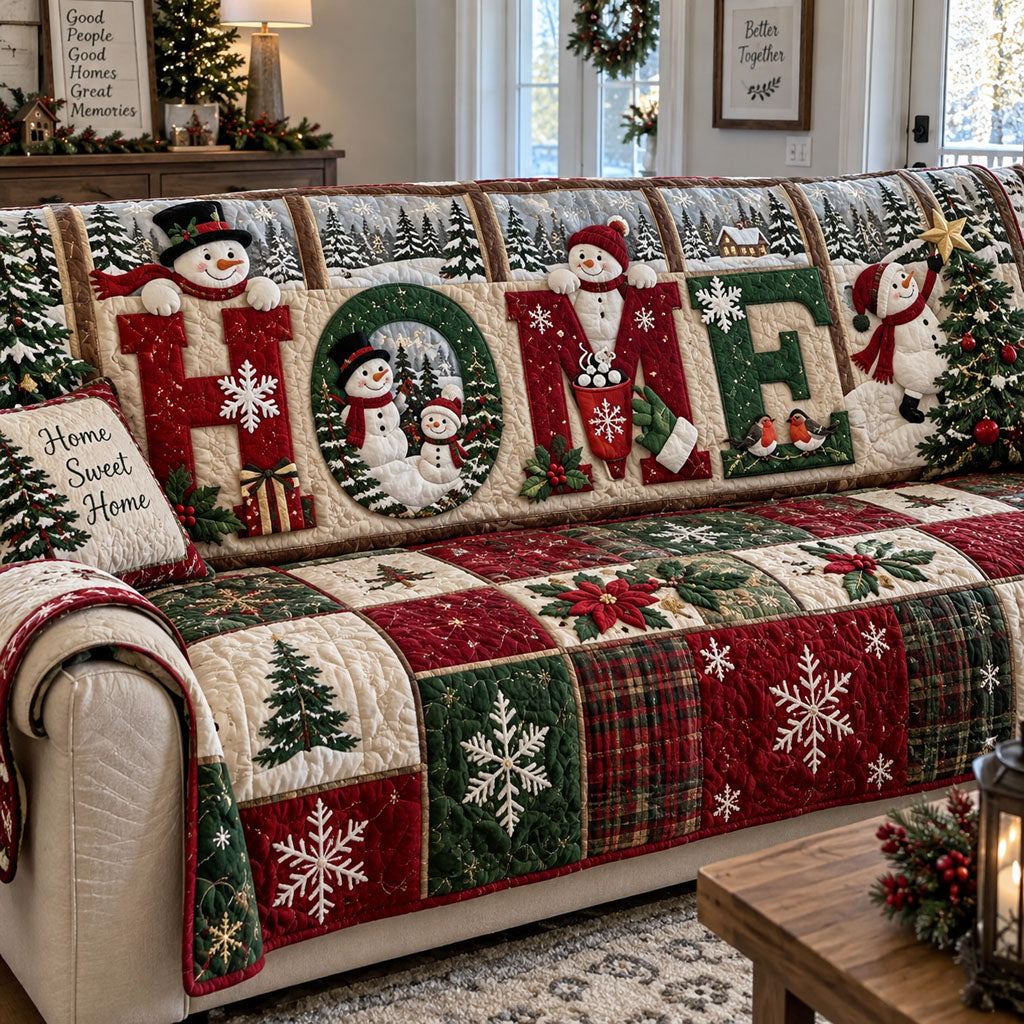 Snowy Welcome Quilted Sofa Cover Holiday Living Room Decor Gift For Homeowners
