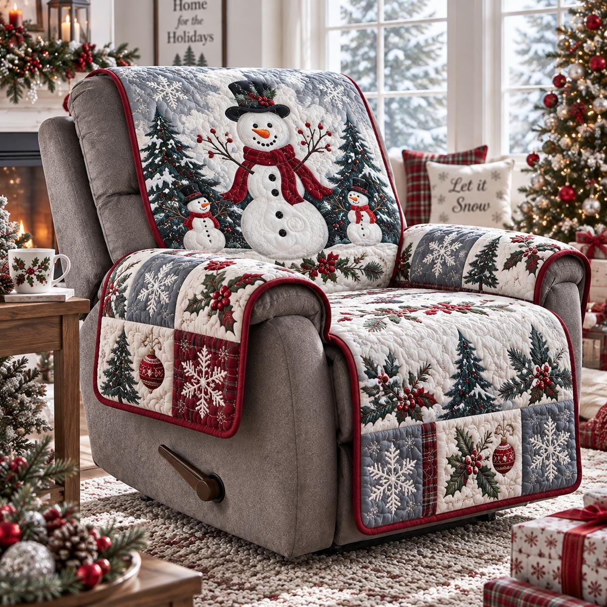 Frosty Snowman Plaid Quilted Sofa Cover Xmas Quilted Couch Cover Holiday Gifts