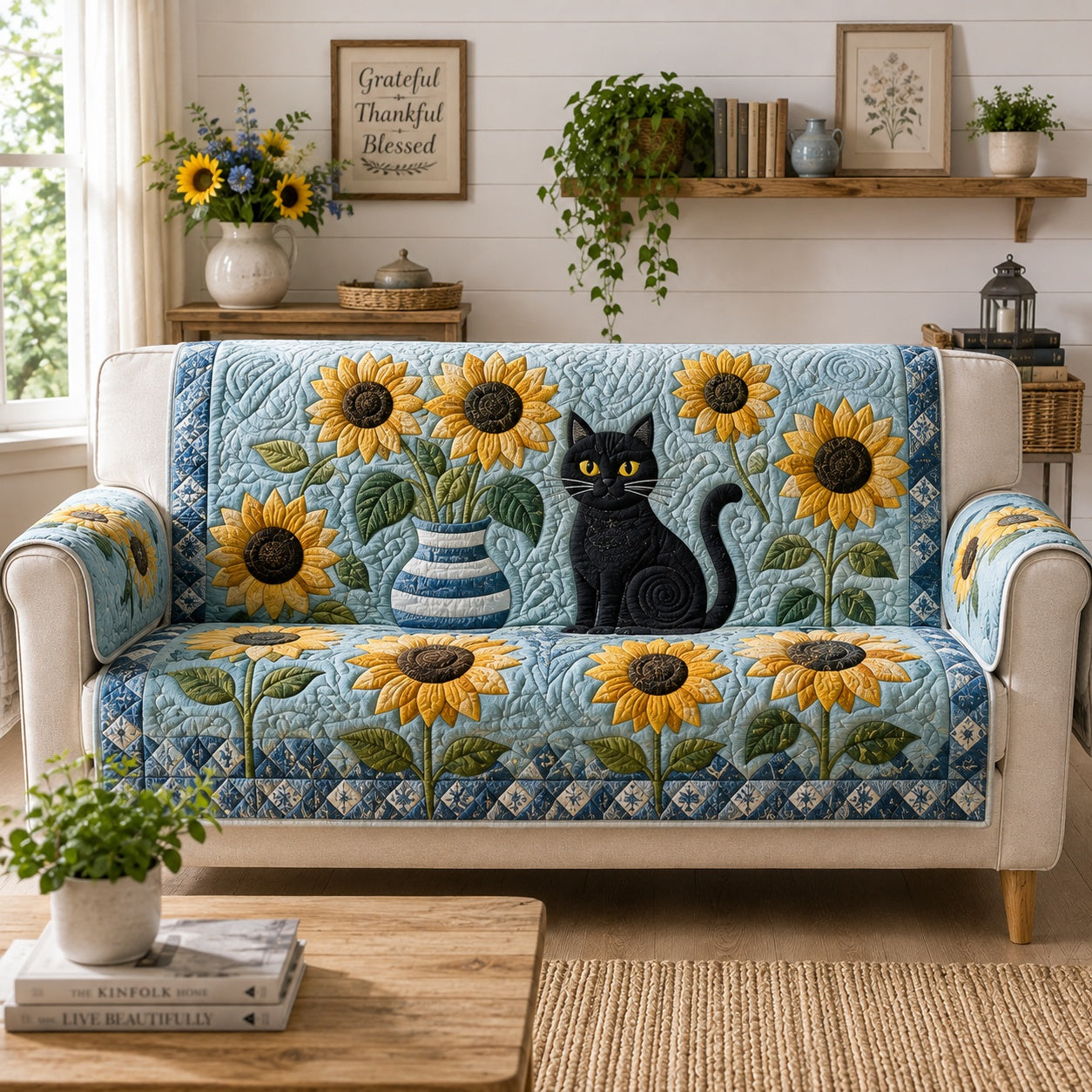 Midnight Sunflower Gaze Quilted Sofa Cover Holiday Quilted Couch Cover Mom Gifts