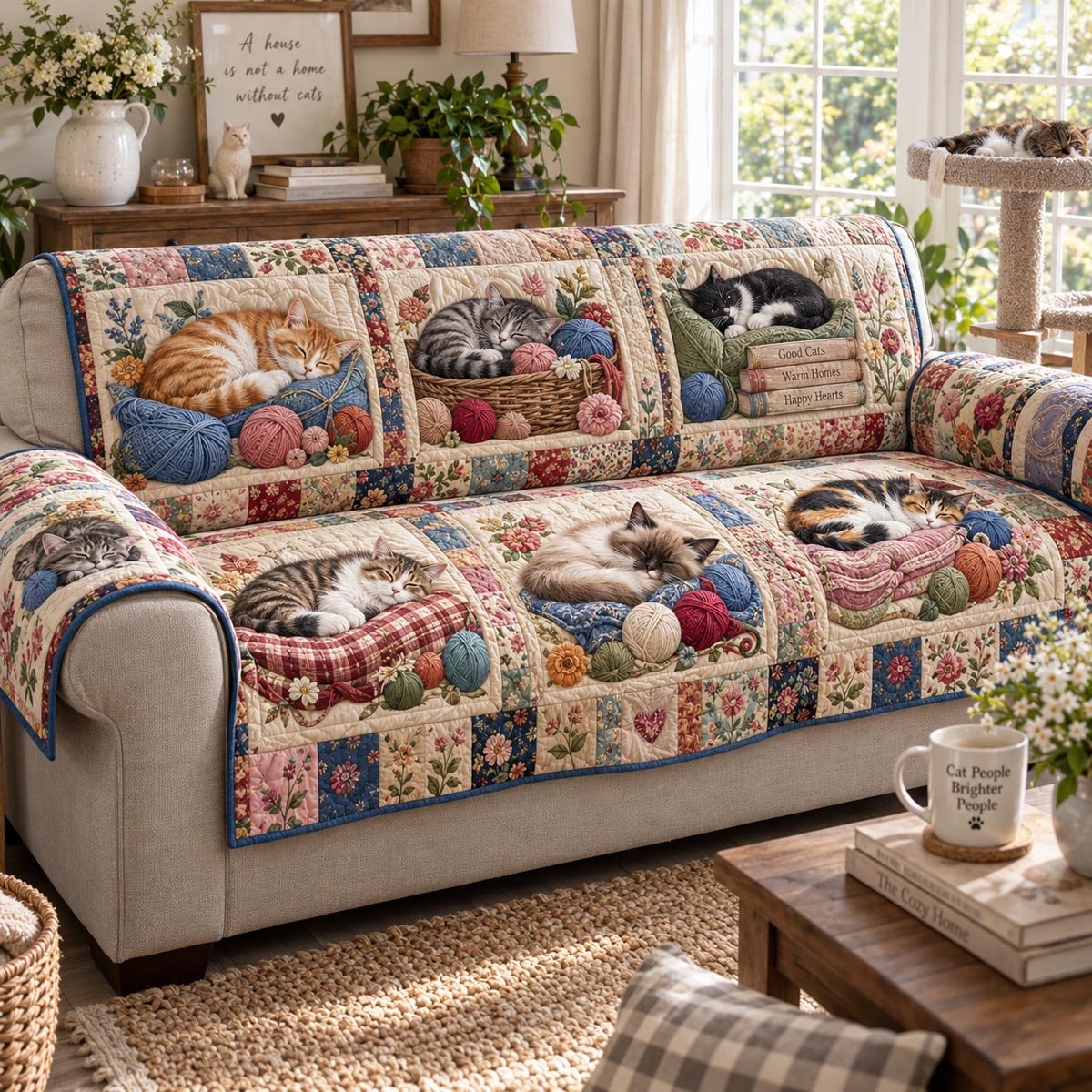 Heirloom Cat Garden Quilted Sofa Cover Xmas Quilted Sofa Cover For Cozy Living Rooms