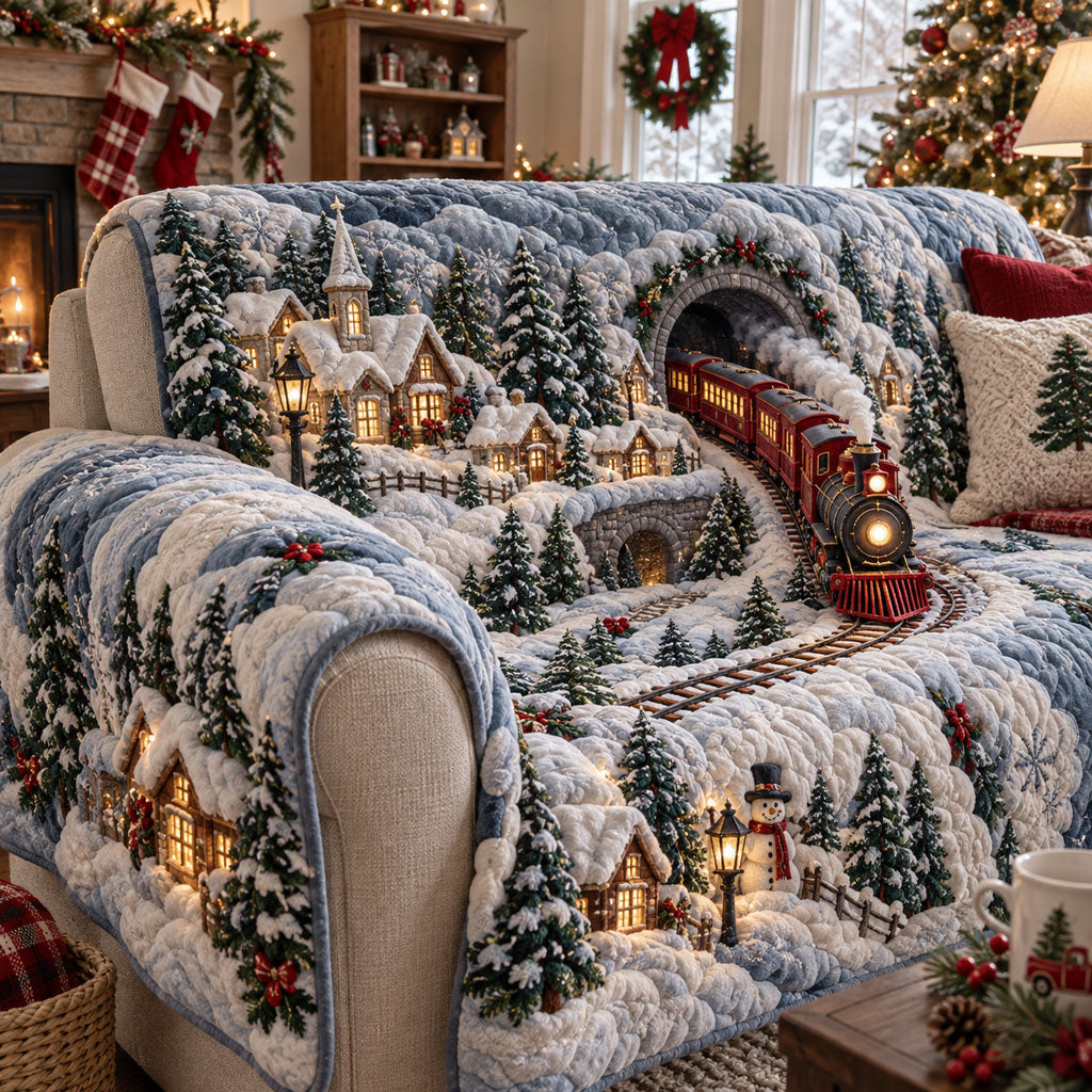Christmas Train Village Quilted Sofa Cover Quilted Sofa Cover Gift For Christmas_