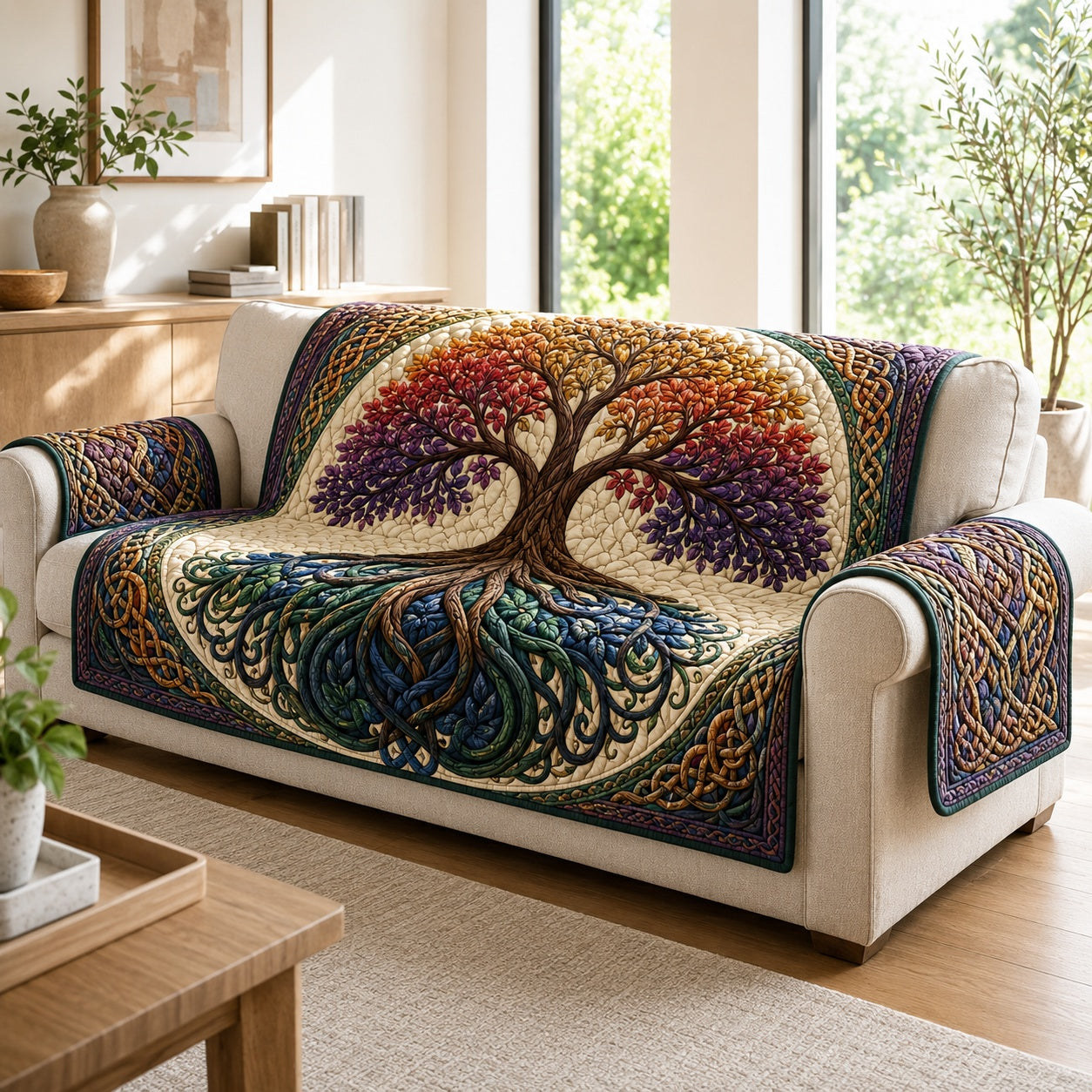 Prismatic Yggdrasil Branches Quilted Sofa Cover Holiday Quilted Couch Cover Xmas Gift