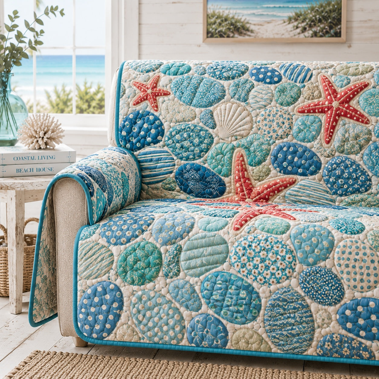 Starfish Pebble Shoal Quilted Sofa Cover Xmas Quilted Sofa Cover For Cozy Living Rooms