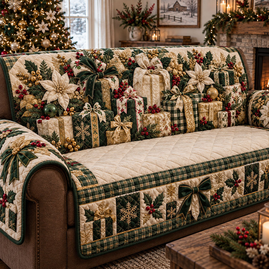 Golden Christmas Blessings Quilted Sofa Cover Holiday Quilted Sofa Cover Him Gifts