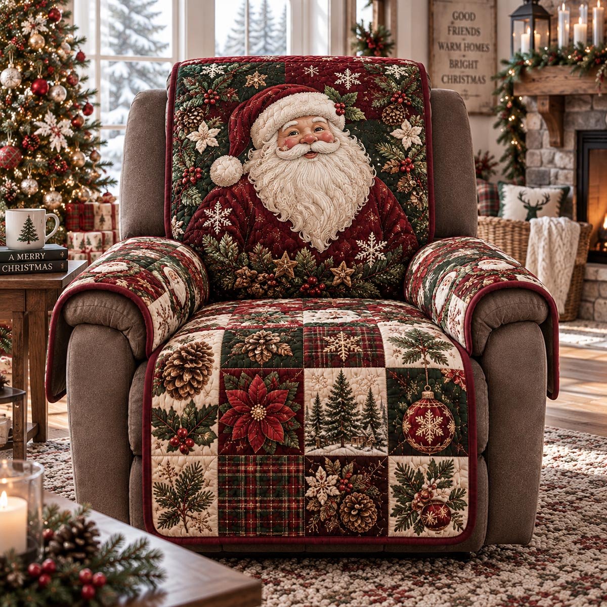 Classic Santa Plaid Quilted Sofa Cover Xmas Quilted Sofa Cover Dad Gifts