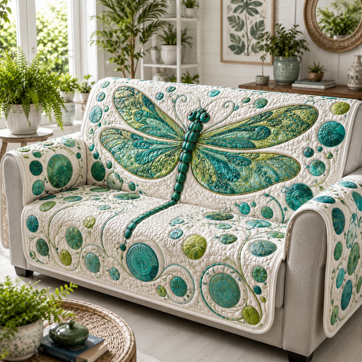 Jade Ripple Wings Quilted Sofa Cover Quilted Sofa Cover Xmas Gift For Housewarming