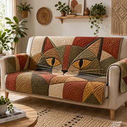 Autumn Whisker Mosaic Quilted Sofa Cover Holiday Quilted Sofa Cover Cat Lovers Gift