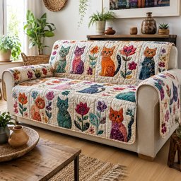 Blooming Whisker Garden Quilted Sofa Cover Xmas Quilted Couch Slipcover Cat Lover Gift