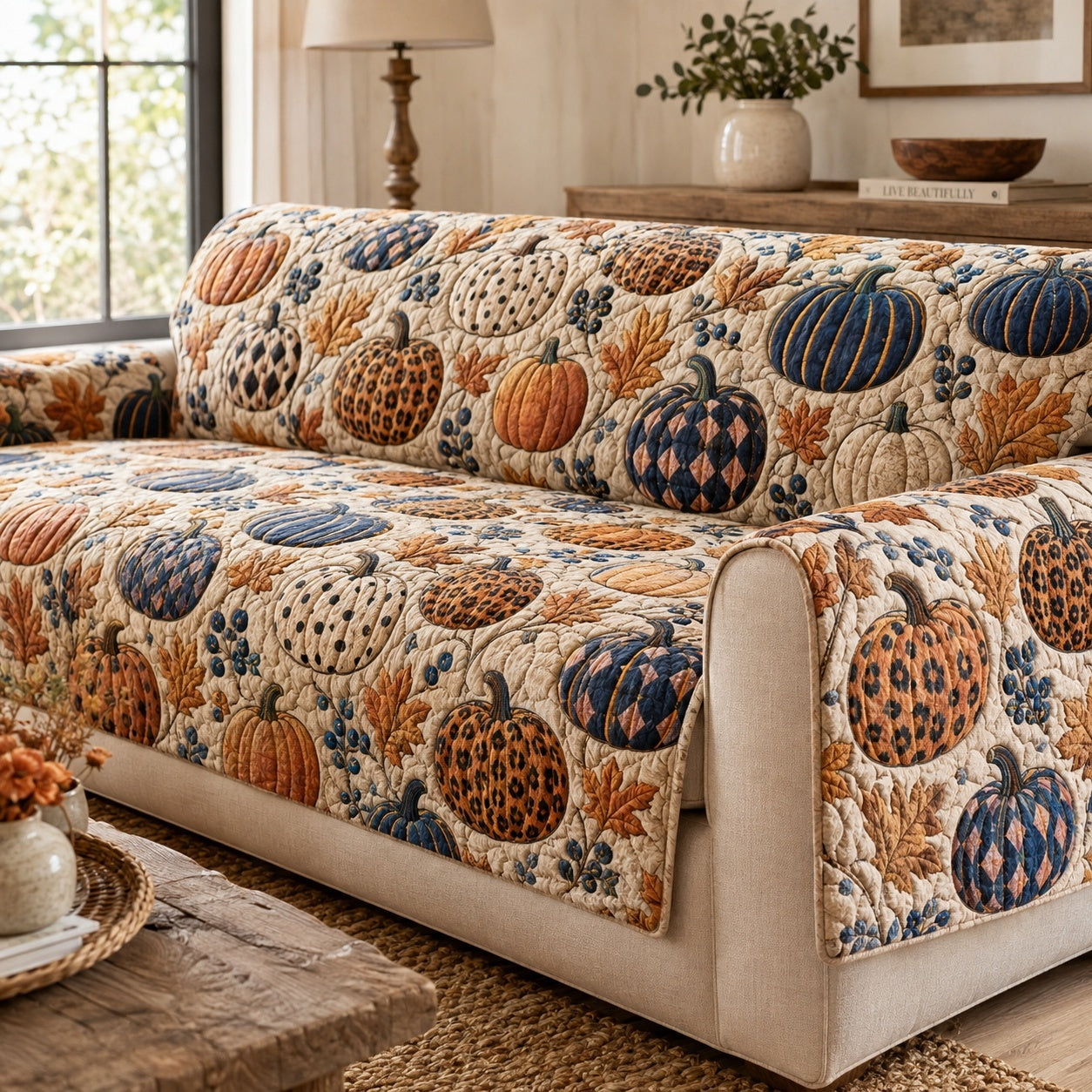 Navy Pumpkins Quilted Sofa Cover Christmas Home Decor Christmas Home Decor