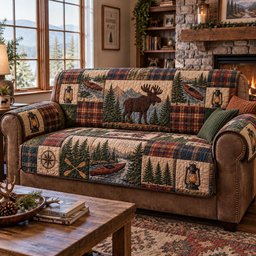 Moose Lake Cabin Quilted Sofa Cover Holiday Home Decor Holiday Gift For Parents