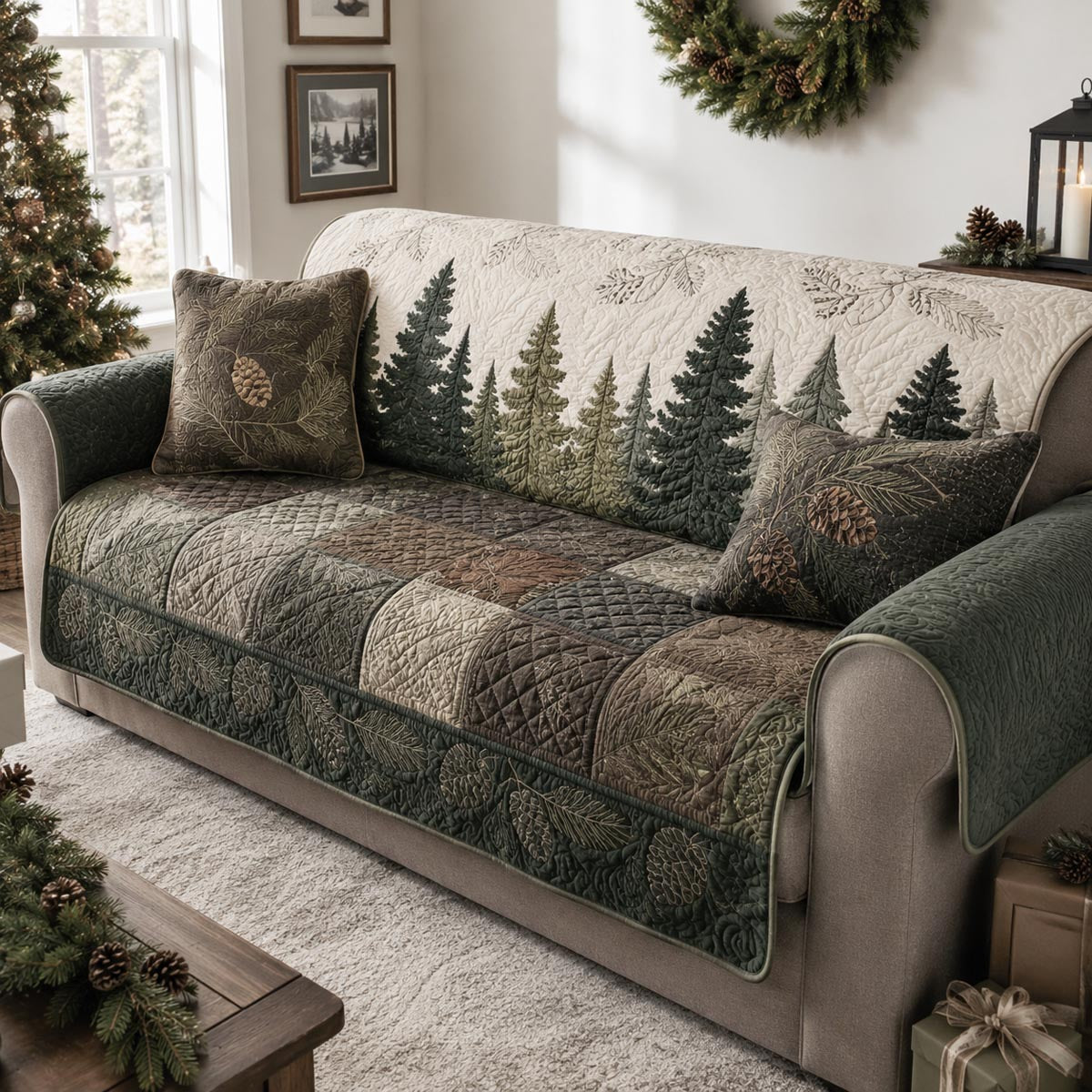 Mountain Forest Quilted Sofa Cover Xmas Quilted Sofa Cover For Cozy Living Rooms