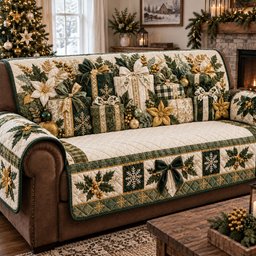 Evergreen Christmas Treasures Quilted Sofa Cover Xmas Couch Cover For Festive Home Decor