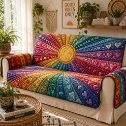 Prismatic Heartburst Quilted Sofa Cover Holiday Sofa Protector Gift For New Home