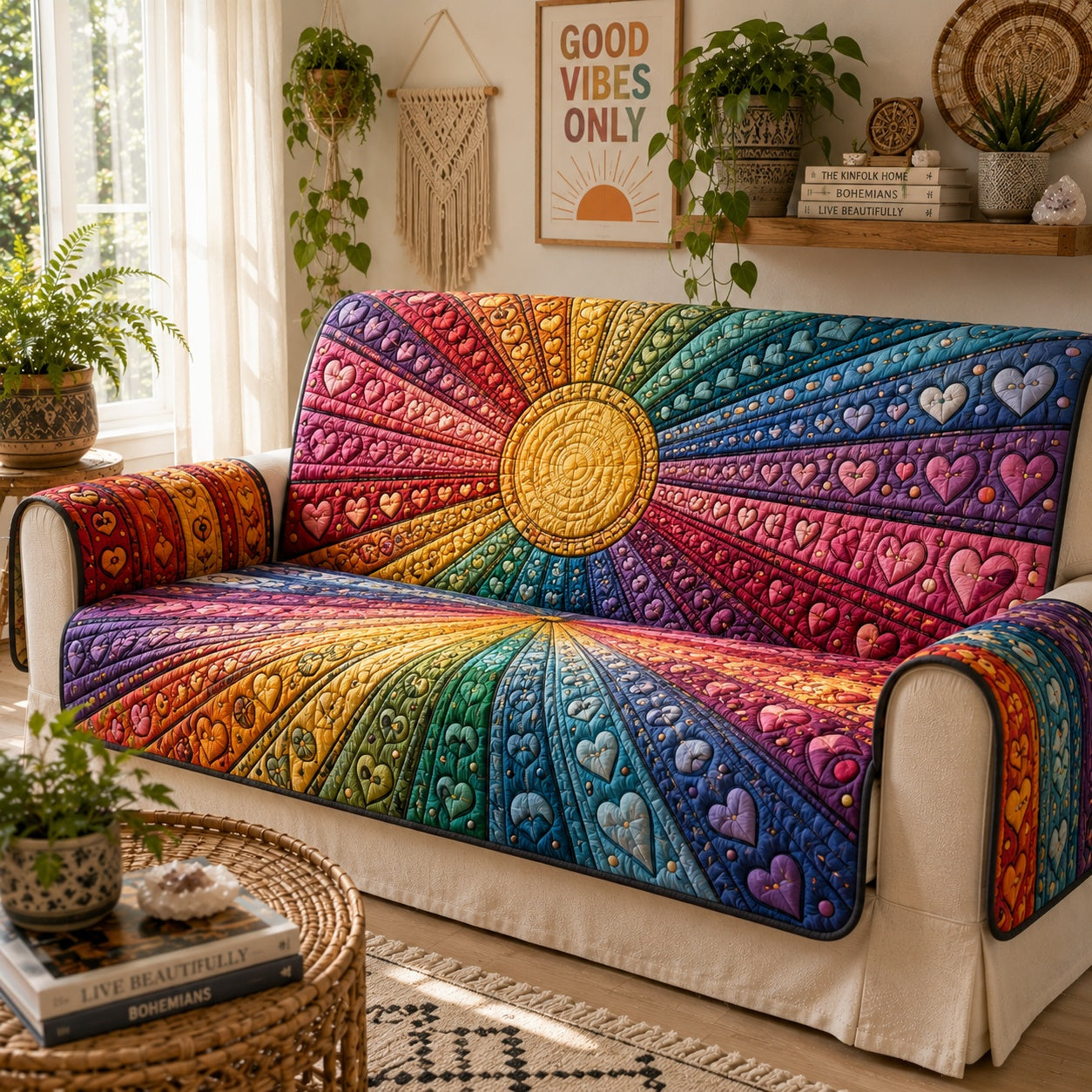 Prismatic Heartburst Quilted Sofa Cover Holiday Sofa Protector Gift For New Home