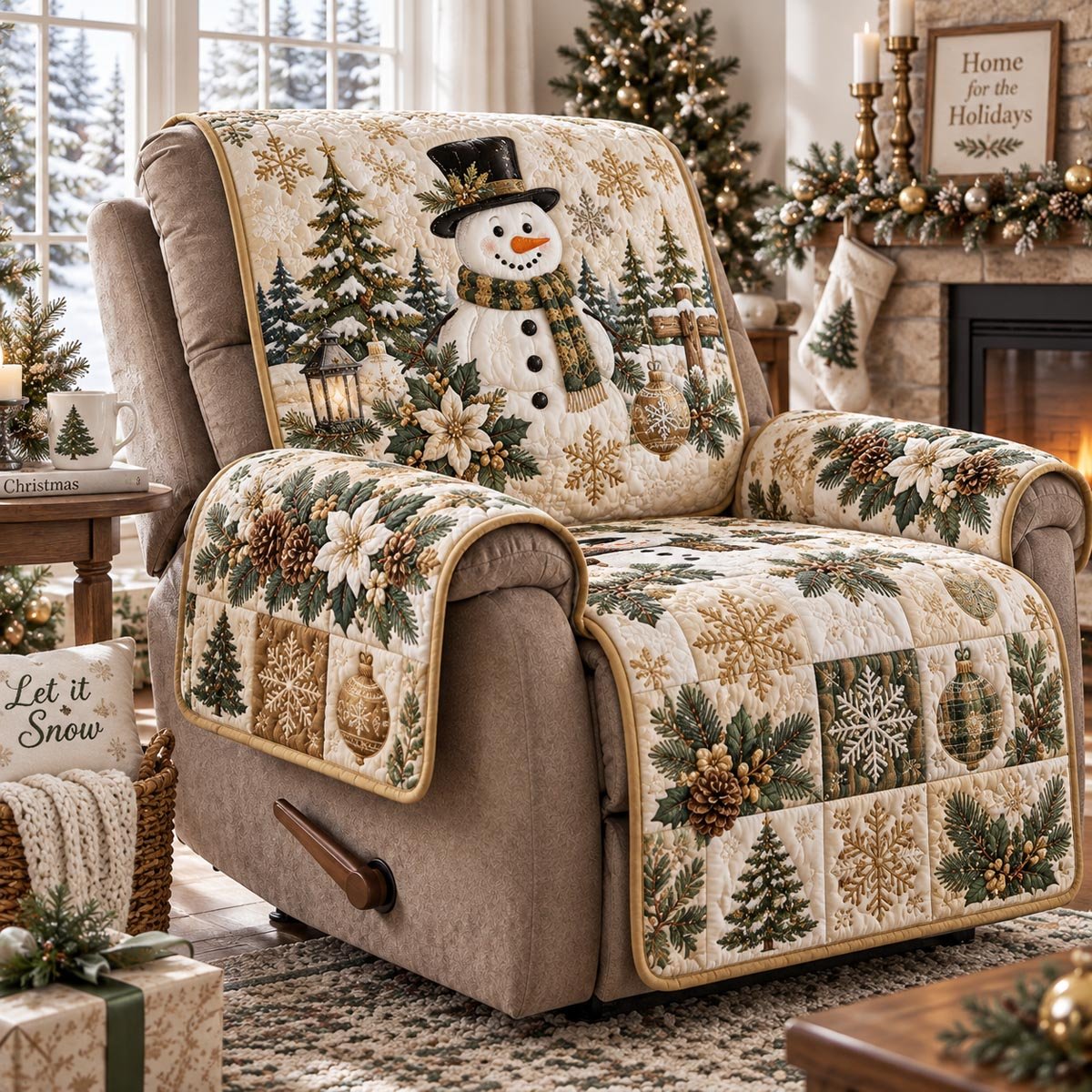 Golden Snowman Forest Quilted Sofa Cover Holiday Sofa Protector Gift For New Home
