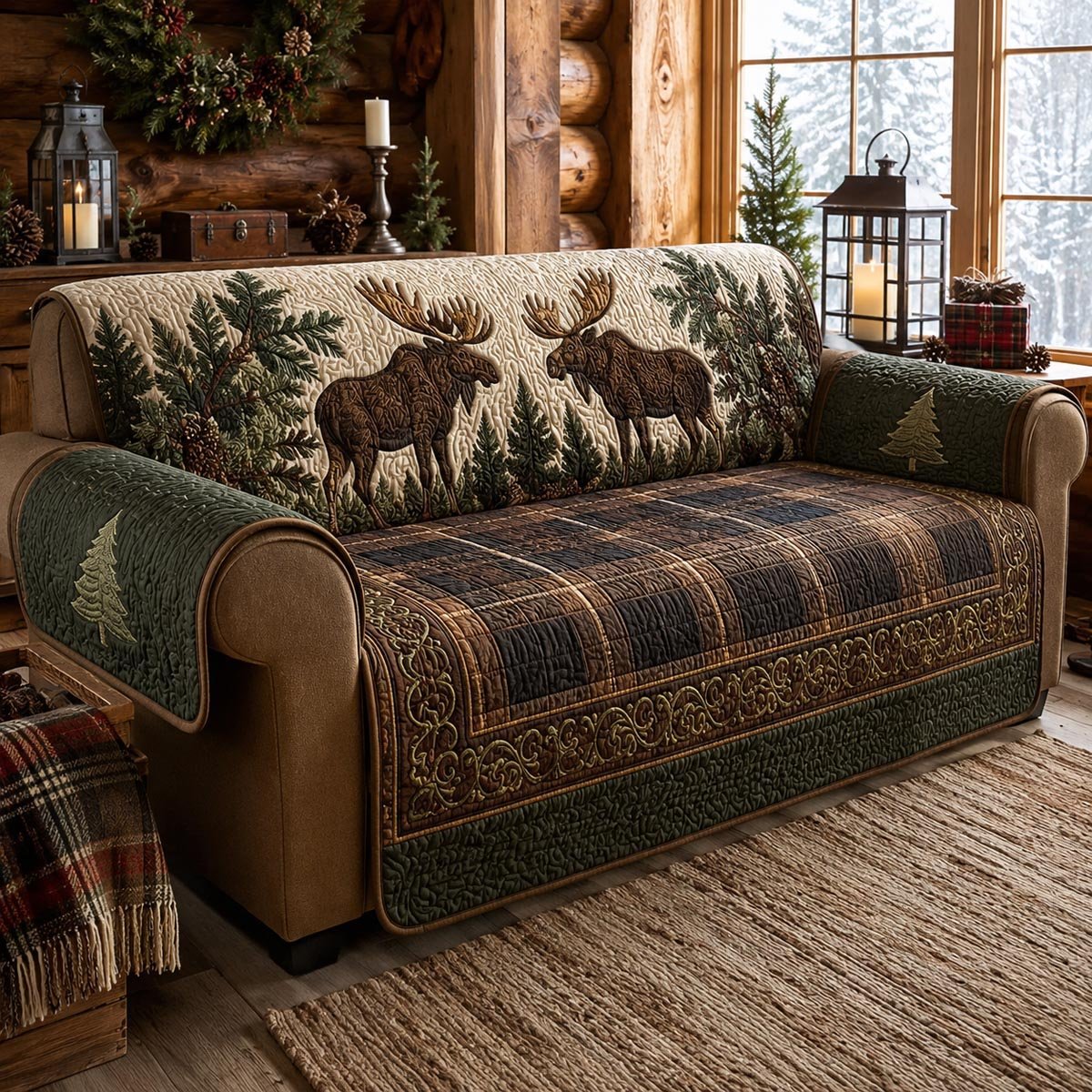 Rustic Pine Lodge Quilted Sofa Cover Quilted Sofa Slipcover Xmas Gift For Homeowners