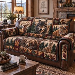 Woodland Lodge Quilted Sofa Cover Xmas Couch Cover Gift For Grandparents