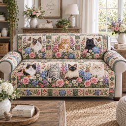 Floral Feline Gathering Quilted Sofa Cover Quilted Sofa Slipcover Gift For Xmas