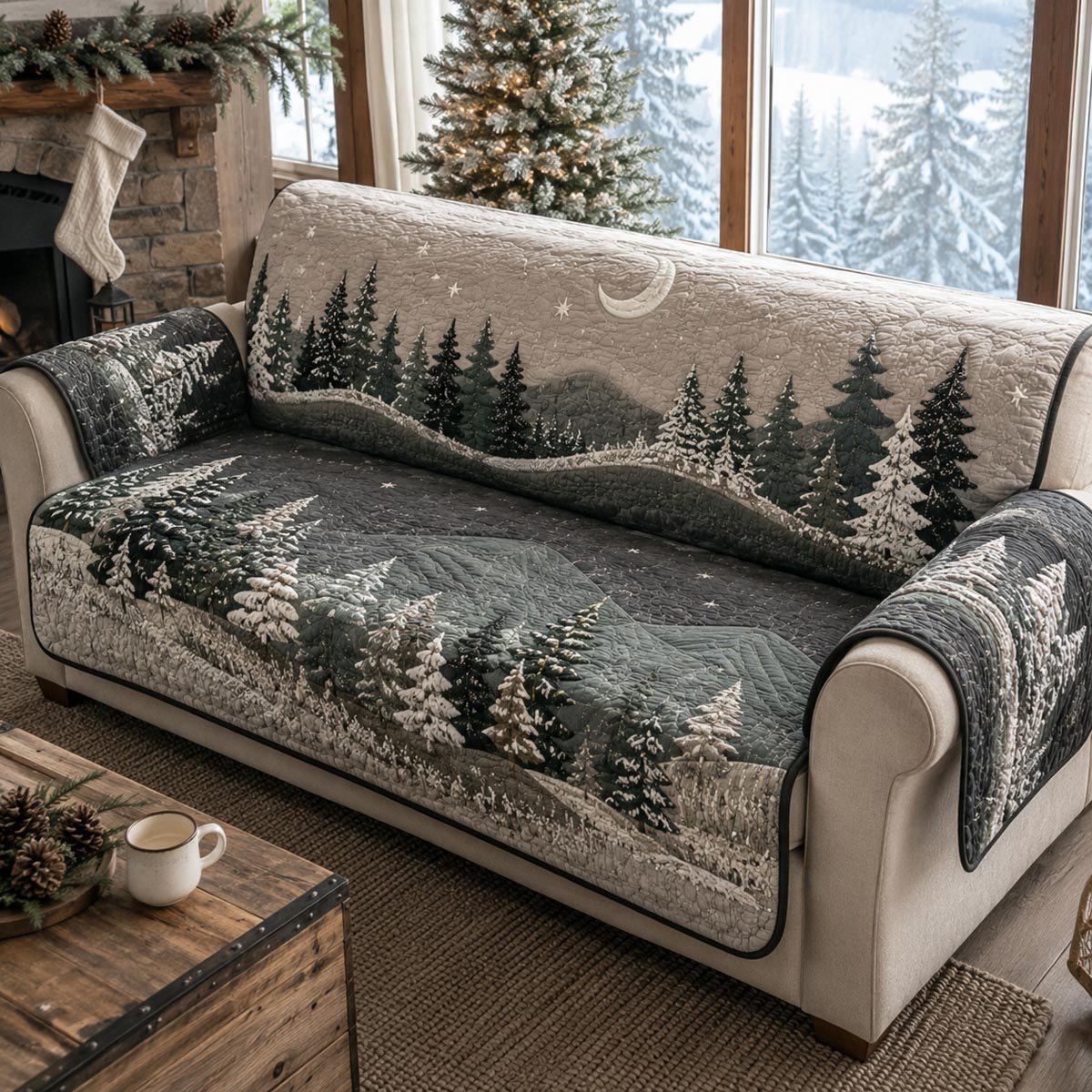 Moonlit Winter Forest Quilted Sofa Cover Holiday Living Room Decor Husband Gifts
