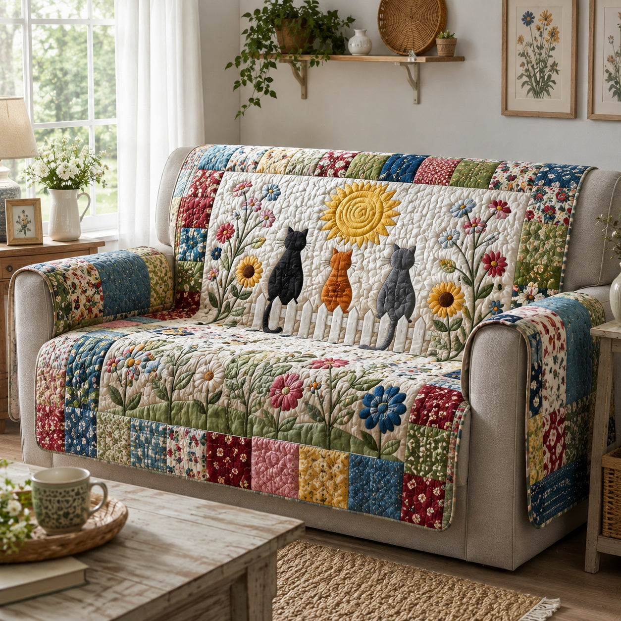 Picket Fence Paws Quilted Sofa Cover Christmas Home Decor Xmas Gift For Family