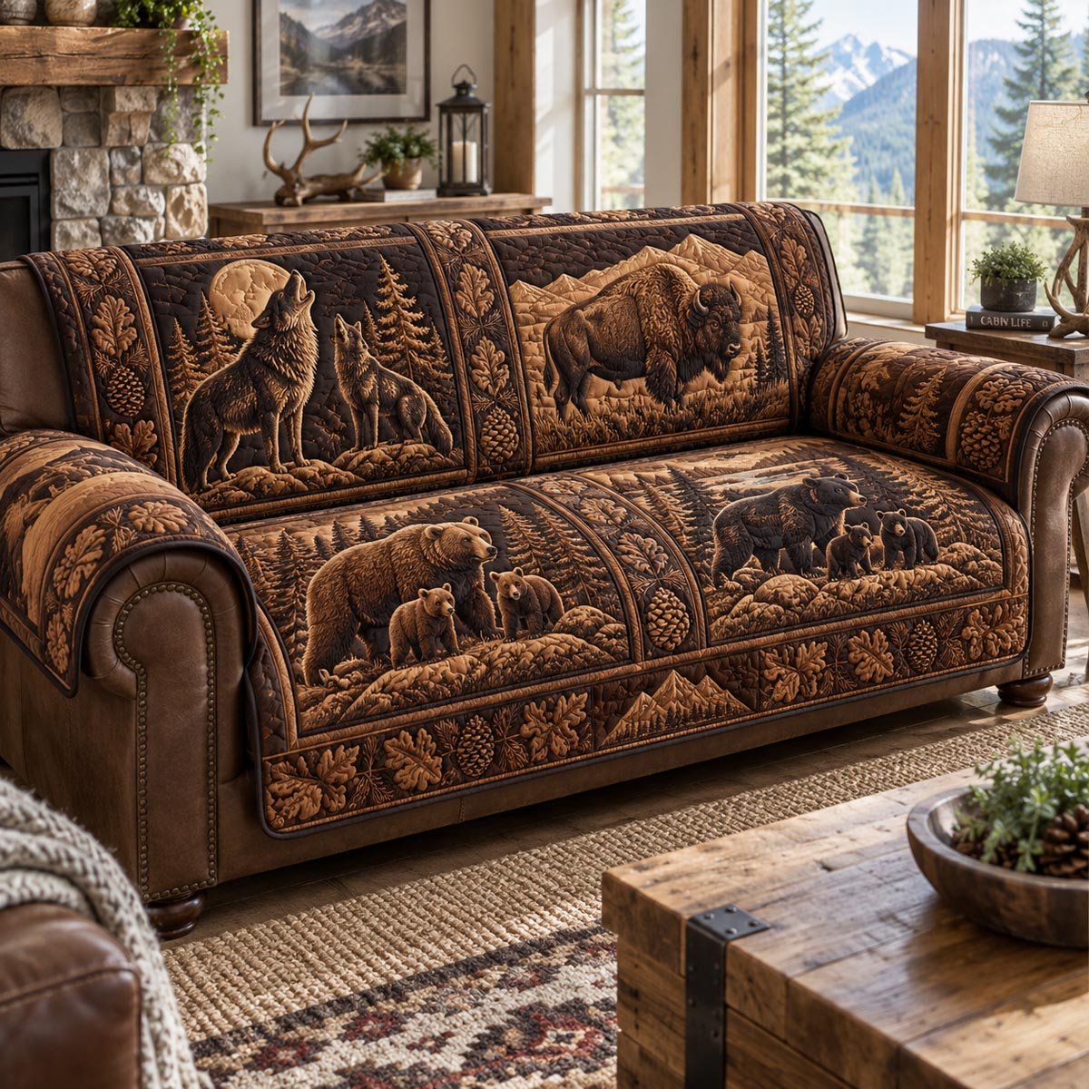 Rustic Guardians Quilted Sofa Cover Xmas Couch Cover For Festive Home Decoration