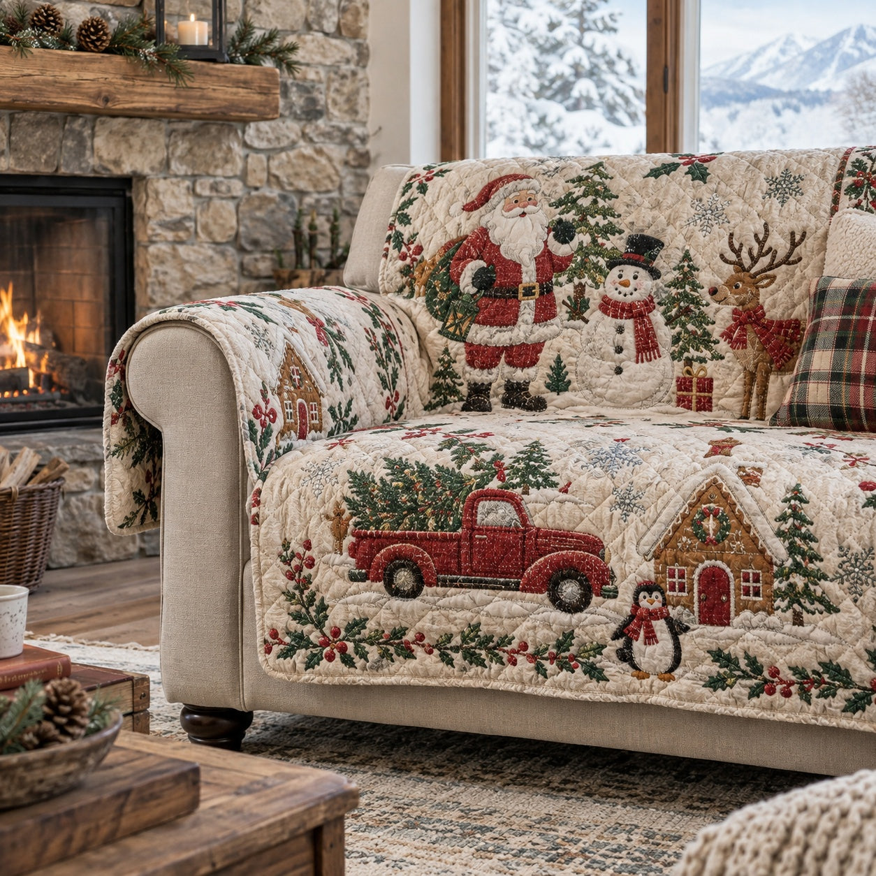 Yule Sleigh Journey Quilted Sofa Cover Christmas Sofa Protector Holiday Gifts
