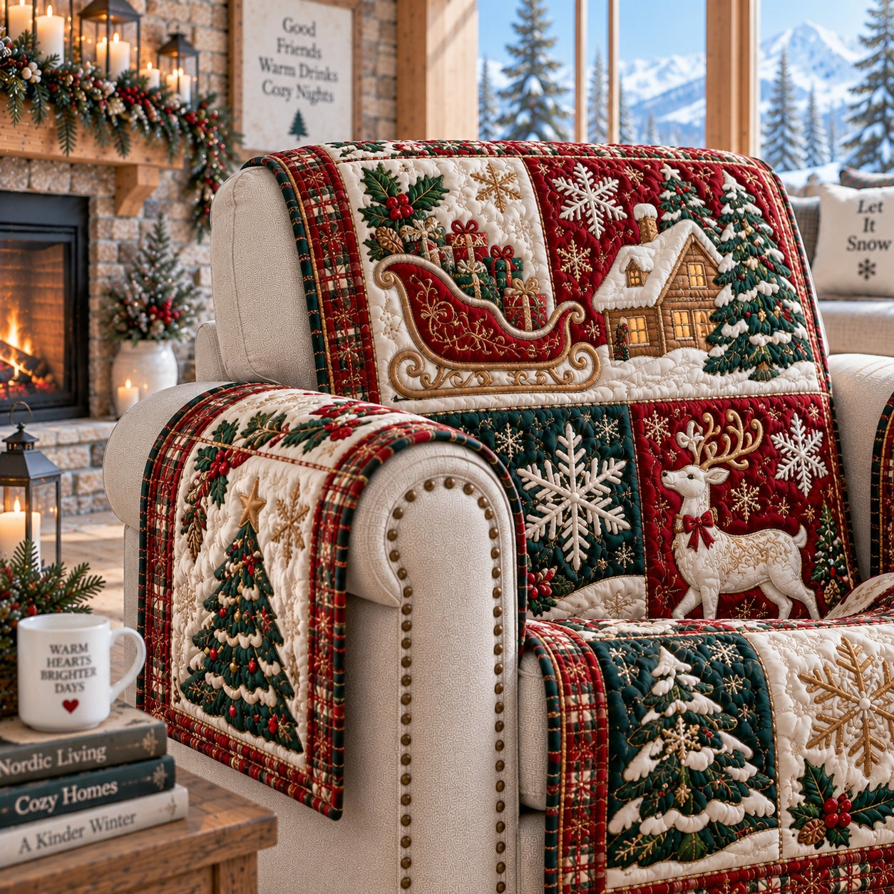 Yule Sleigh Journey Quilted Sofa Cover Christmas Couch Cover Secret Santa Gifts