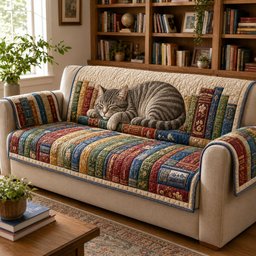 Vibrant Archive Whiskers Quilted Sofa Cover Holiday Couch Cover Gift For Cat Owners