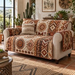Terracotta Sunburst Quilted Sofa Cover Xmas Sofa Cover Gift For Homeowners