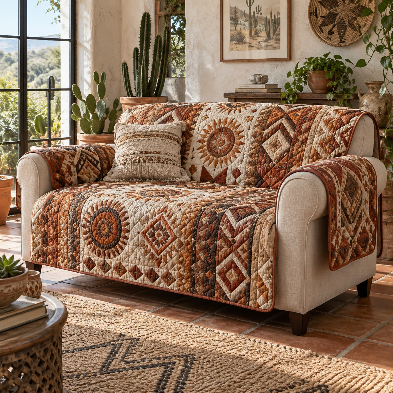 Terracotta Sunburst Quilted Sofa Cover Xmas Sofa Cover Gift For Homeowners