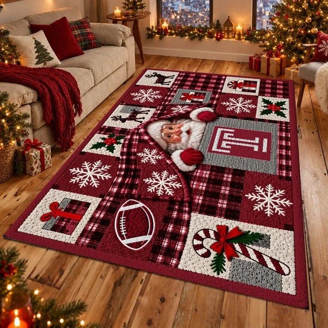 Temple Owls Primary NCAA Christmas Quilted Area Rug Temple Game Day Decor Great Gifts
