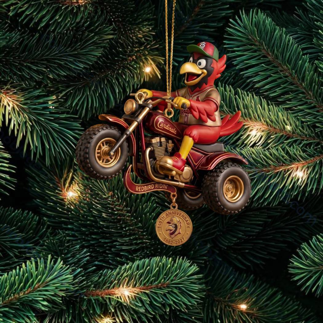 St. Louis Cardinals Fredbird Mascot Trike Motorcycle Christmas Ornament Cardinals Merch