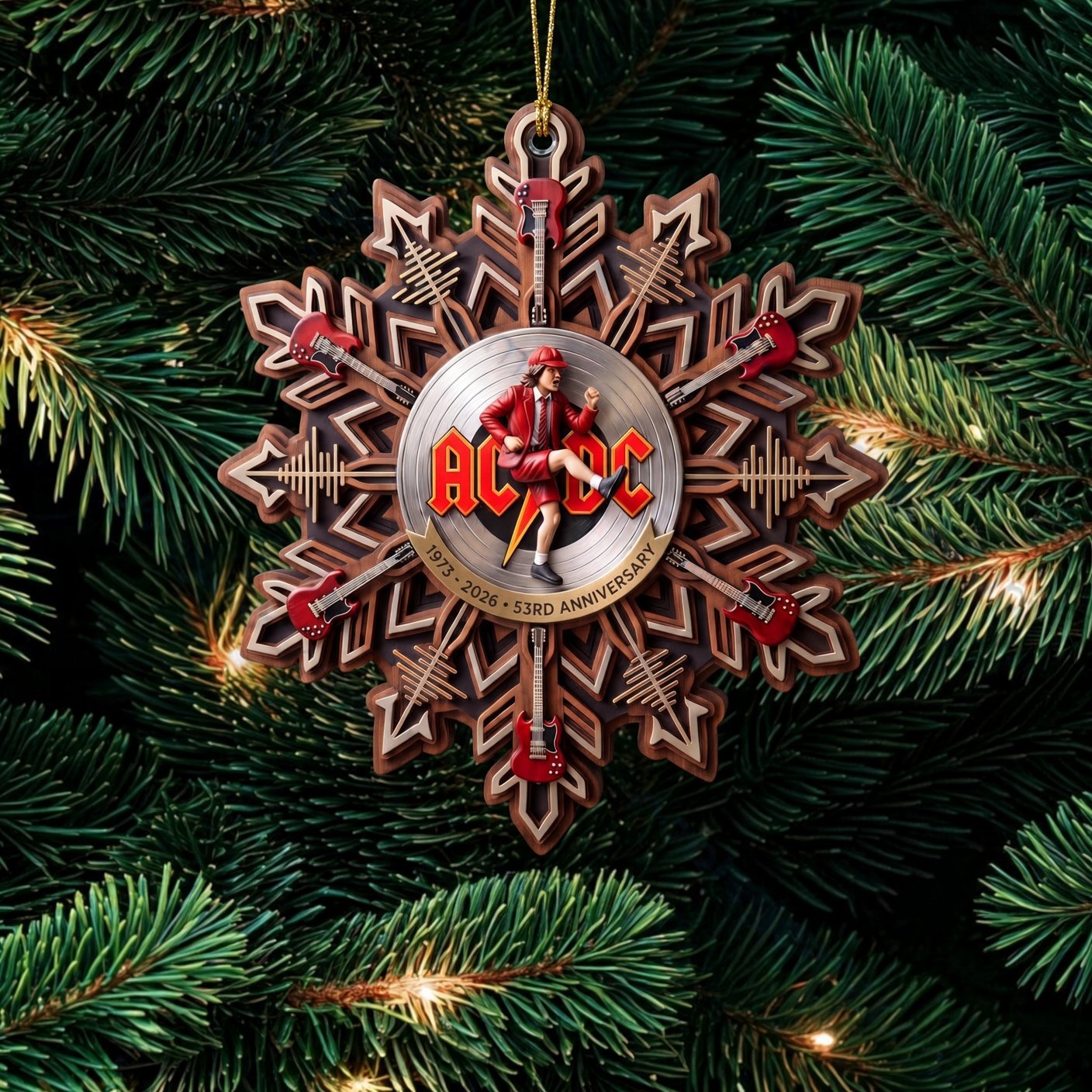 ACDC 53rd Anniversary Wooden Snowflake Christmas Ornament ACDC Fan Xmas Ornament