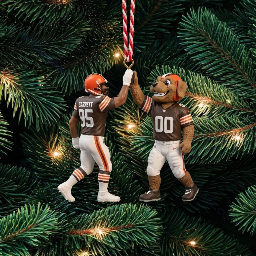 Cleveland Browns Myles Garrett & Mascot High Five Christmas Ornament Browns Xmas Merch