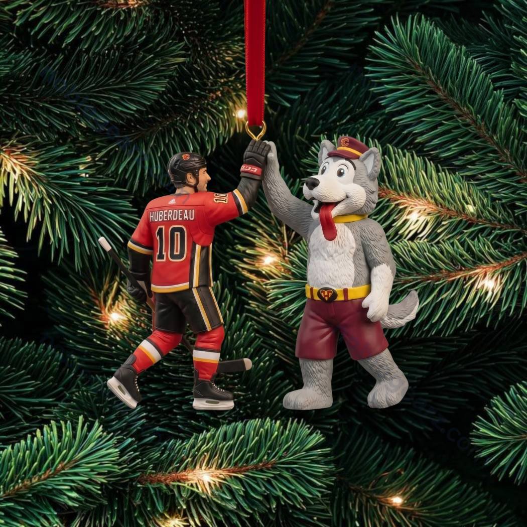 Calgary Flames Jonathan Huberdeau & Mascot High Five Christmas Ornament Calgary Xmas Merch