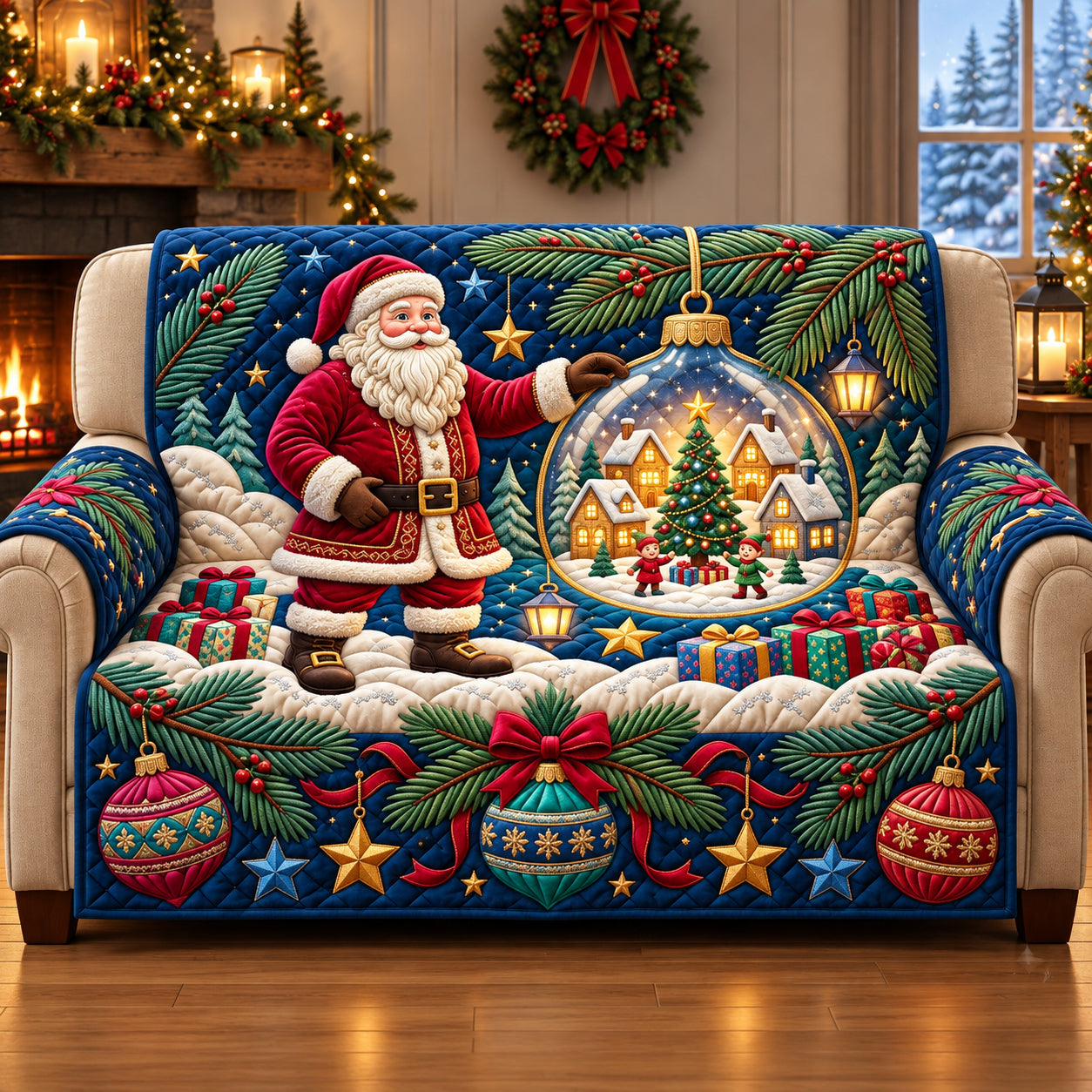 Santa Christmas Ornament Quilted Sofa Cover