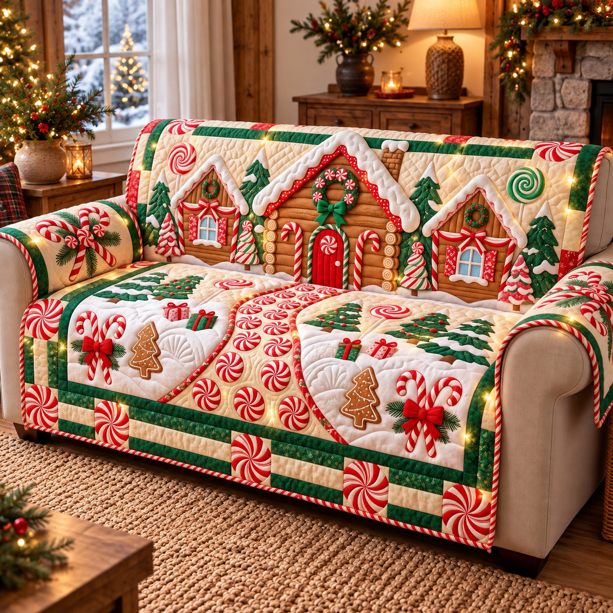 Merry Gingerbread Village Quilted Sofa Cover