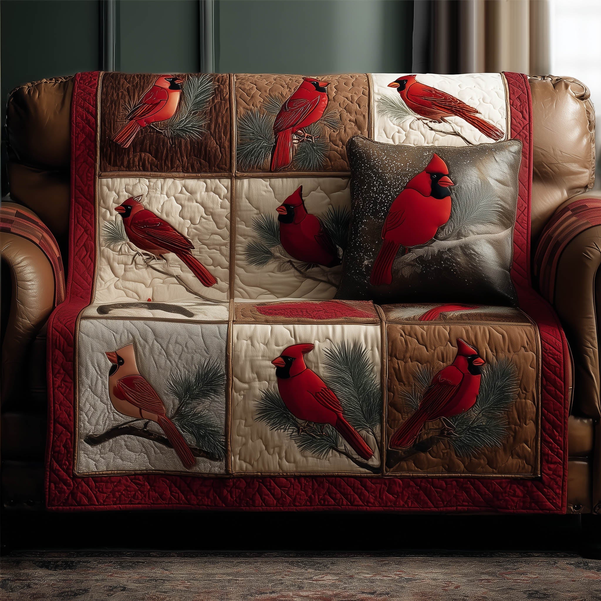 Festive Cardinal Quilted Sofa Cover